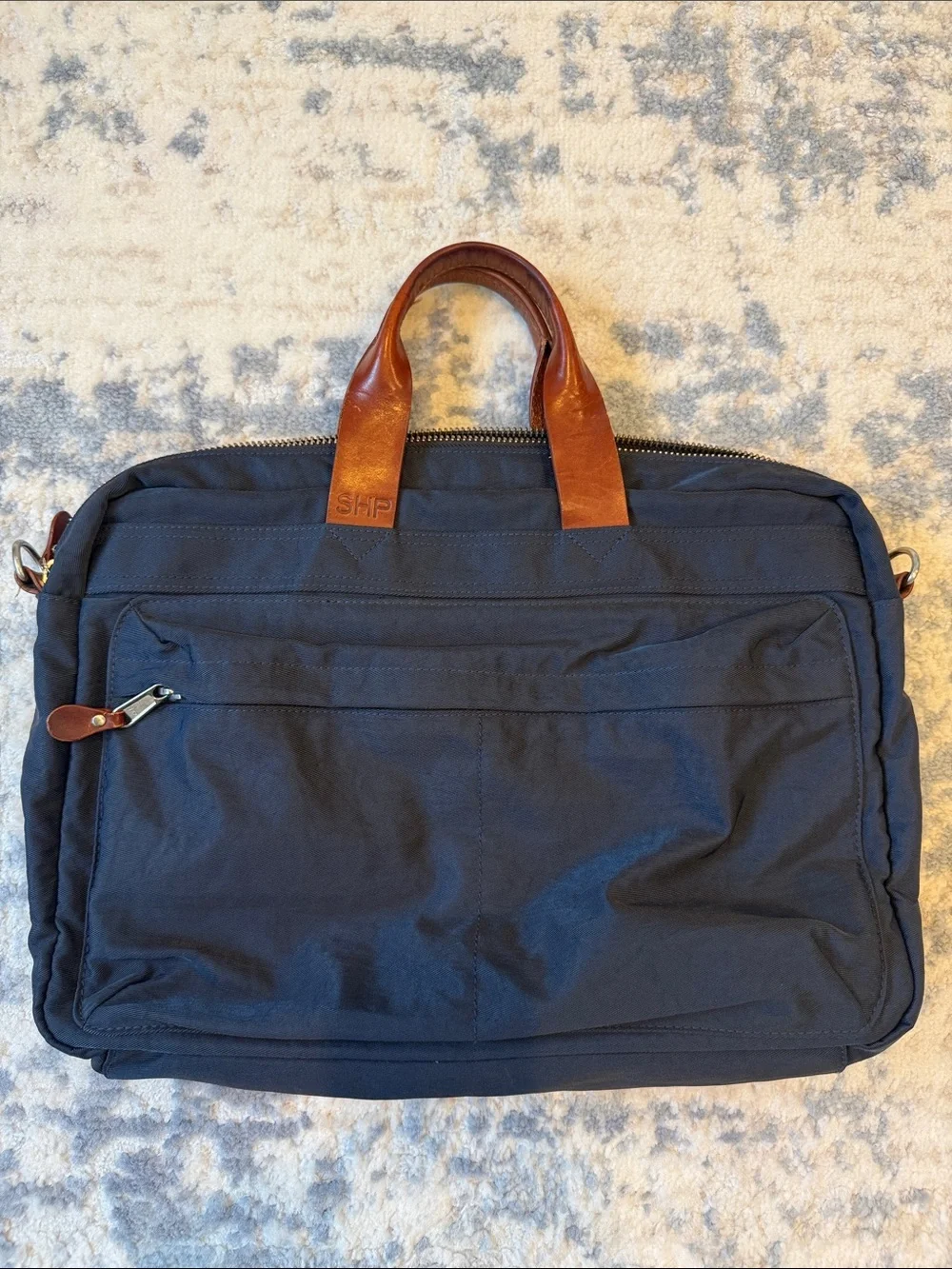 J. Crew Navy Laptop Briefcase with Brown Leather Handles
